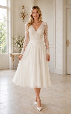 Bohemian V-neck Long Sleeve Lace A-line Tea-length Civil Bridal Dress