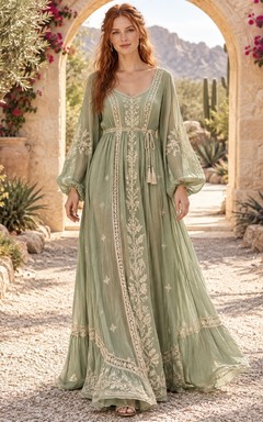 Boho Long Sleeve Sage Scoop Neck Lace Panel Kaftan Wedding Dress