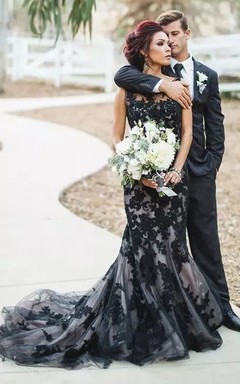 Robe de mariée vintage sirène en dentelle, sans manches, longue et à traîne, style bateau