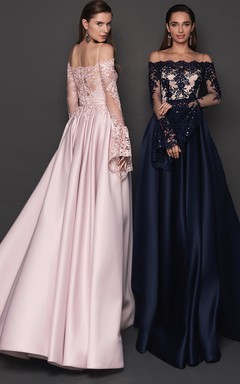 Robe de bal moderne en satin, coupe trapèze, manches longues, boutons et fronces, longueur au sol