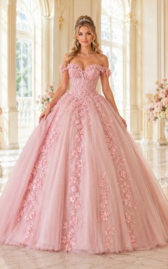Off Shoulder Floral Tulle Ball Gown Blushing Pink Quinceanera Dress