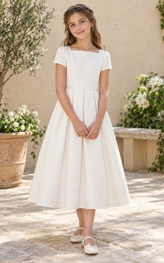Square Neck Simple Modest Tea-length Ivory Short Sleeve Deep Pleated Buttoned A-Line Flowergirl Dress