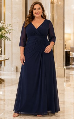 Vestido de noche largo hasta el suelo, de gasa fruncida, con escote en V, manga tres cuartos y cuello en V, color azul marino, tallas grandes.