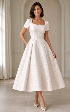 Vestido de recepción nupcial vintage de satén con escote cuadrado y manga corta, largo hasta la rodilla.