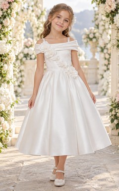White Tea-length Off Shoulder Floral Straps Satin Flower Girl Dress