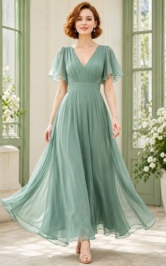Elegant Sage V-Neck Flutter Sleeve Chiffon Empire A-Line Floor-Length Bridesmaid Dress