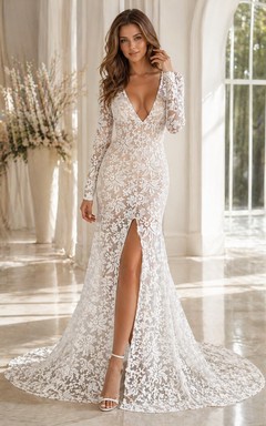 Vestido de fiesta moderno de encaje con escote en V profundo y corte sirena, con abertura frontal y mangas largas.