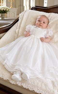 Baptism Dress A-Line Organza Tulle Jewel Neck Short Sleeve Tea-Length