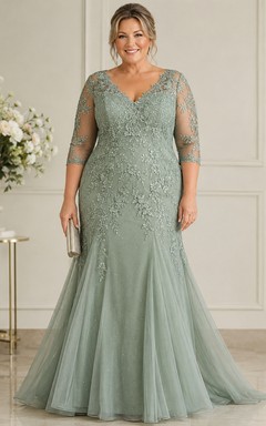 Plus Size Mermaid V-Neck 3/4 Length Sleeve Lace Mother Dress with Lace