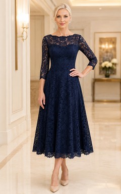 Vintage Dark Navy Jewel Neck Long Sleeve Tea-length Lace A-line Dress