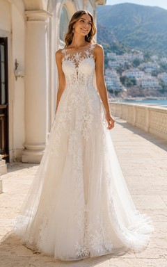 Ivory Illusion Tulle A-line Wedding Dress with Lace