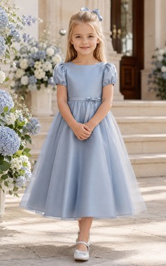 Flower Girl Dress Steel Blue Tulle A-Line Puff Sleeve Jewel Neck Tea Length Bow Detail