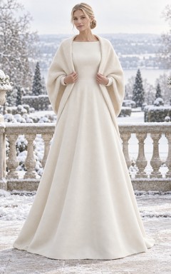 Simple Bateau A-line Winter Wedding Rounded Draped Cape Dress