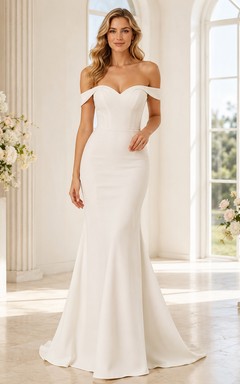 Robe de mariée sirène plissée, épaules dénudées, plissée, en crêpe court