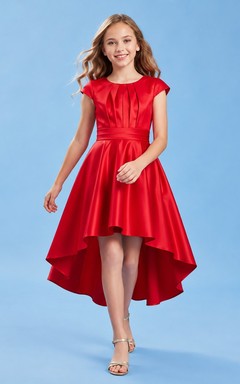 Red Square Neck Short Sleeve Satin High-Low Flowergirl Dress