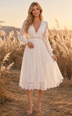 Bohemian White Tea-Length V-Neck Long Sleeve Country Lace Dress Rustic