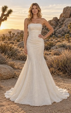 Vestido de novia sencillo, sin tirantes, estilo sirena, sin mangas, fruncido, de mezcla de lino, largo hasta el suelo