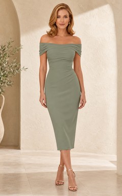 Sage Green Off Shoulder Crepe Midi Sheath Cocktail Guest Dress