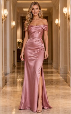 Red Carpet Evening Dusty Rose Elegant Modern Sexy Sheath Satin Bridesmaid Dress with Off Shoulder Sweetheart Sleeveless Floor-Length Slit Skirt Ruching Low Back