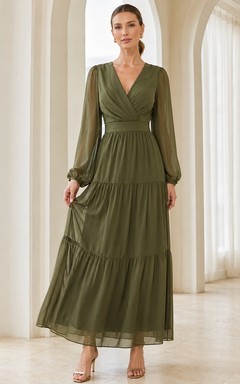 Olive Green Chiffon V-Neck Long-Sleeve Tiered Floor-Length Dress