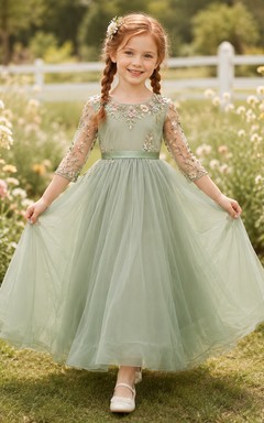 Sage Floral Lace Flower Girl Gown with Long Illusion Sleeves, Tulle A-Line Skirt, Appliqued Bodice, and Formal Finish