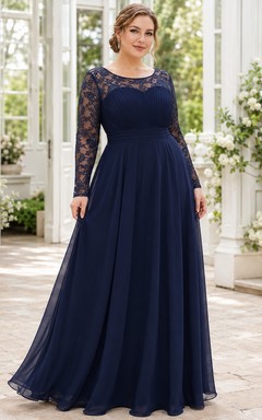 Romantic Navy Lace Tulle A-Line Floor-Length Square Neck Long Sleeve Formal Dress