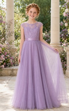 Amethystfarbenes Brautjungfernkleid, A-Linie, eckig, kurze Ärmel, Tüll, gestuft, romantisch, formell