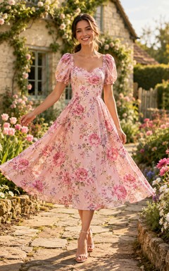 Bright Pink Floral Puff Sleeve Square Neck Midi Dress