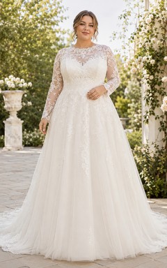 Vestido de novia modesto de encaje y tul, estilo princesa, con cuello joya, mangas largas y cola larga.