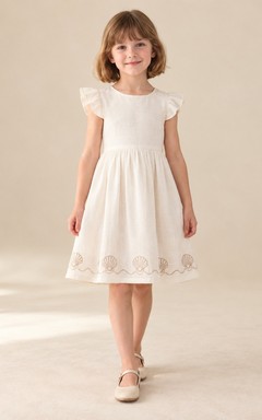 Modest Simple Ivory Knee Length Shell Border Compact Flutter Sleeve Beach Flower Girl Dress