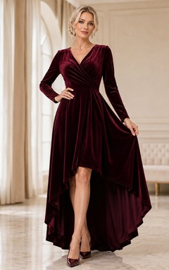 Elegant Burgundy V-Neck Long Sleeve Velvet A-Line High-Low Formal Dress