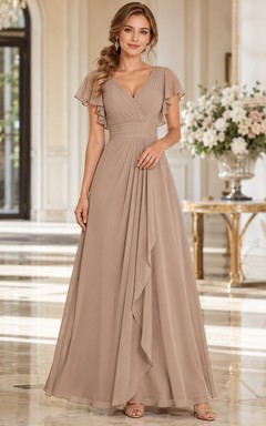 Taupe V-Neck Flutter Sleeve Chiffon A-Line Floor-Length Romantic Formal Wedding Guest Dress