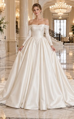 Robe de mariée simple en satin plissé à manches longues et épaules dénudées