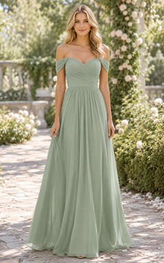 Sage off shoulder chiffon A-line floor length bridesmaid dress