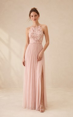 Rosafarbenes, perlenbesetztes, plissiertes Chiffon-A-Linien-Kleid in Bodenlänge für festliche Anlässe