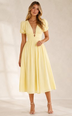 Gelbes A-Linien-Gästekleid mit Puffärmeln, V-Ausschnitt und Teelänge