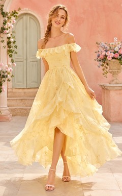 Daffodil Romantic Elegant Off-Shoulder Short-Sleeve Tulle Ruffled A-Line High-Low Formal Dress
