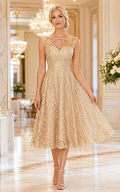 Champagne Lace Sweetheart Sleeveless Embroidered Tea-Length Formal Dress