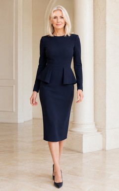 Navy Peplum Long Sleeve Sheath Midi Dress Classic
