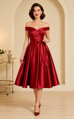 Vintage rotes, teelanges, schulterfreies A-Linien-Cocktailkleid aus Satin im Stil der 1950er Jahre