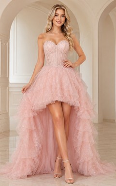 Robe de soirée rose poudré luxueuse, asymétrique et bustier, en tulle pailleté à volants, pour les 16 ans.
