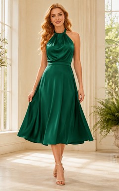 Dark Green Satin Draped Halter Pleated Tea-length Elegant Evening Dress