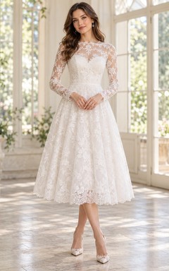 Robe d'invitée blanche à manches longues, décolleté cœur en dentelle illusion, longueur thé