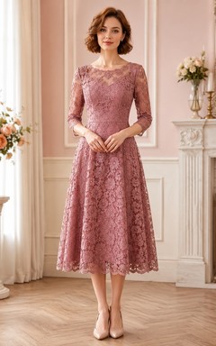 Robe de soirée vintage rose poudré à manches trois-quarts en dentelle, coupe trapèze et longueur thé