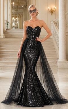 Black Strapless Sweetheart Sequined Mermaid Tulle Overskirt Masquerade Prom Evening Gown