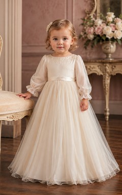 Vestido de bautizo de bebé color champán, delicado, con cuentas, corte en A y manga larga, elegante, romántico y adorable, de tul.
