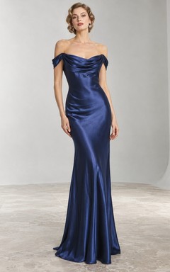 1930s Simple Royal Blue Off Shoulder Cowl Satin Evening Dress