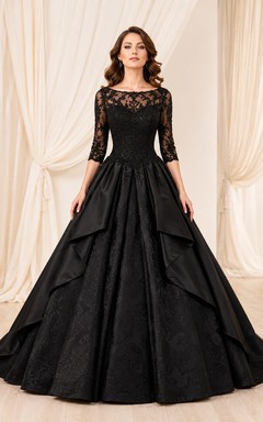 Black Bateau Neck Three-Quarter Sleeve Lace Taffeta Ball Gown Prom Dress