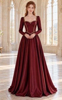 Robe de demoiselle d'honneur médiévale en velours bordeaux à décolleté cœur et manches longues, ornée de bordures dorées