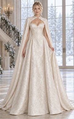 Vestido de novia de corte A con capa de brocado floral tejido y escote corazón puntiagudo en la cintura.